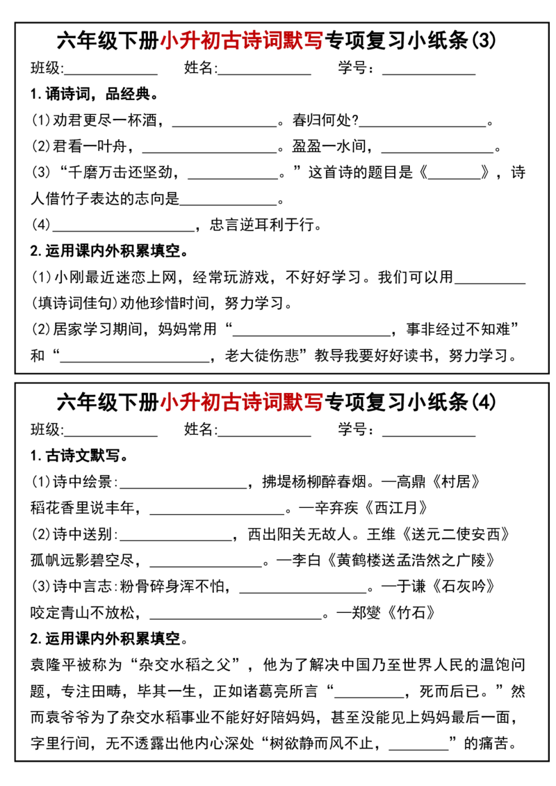 《六年级（下）语文小升初专题训练古诗词默写填空小纸条_赠送2026小学1-6年级资料合集(按需自取)_六年级》第2页预览