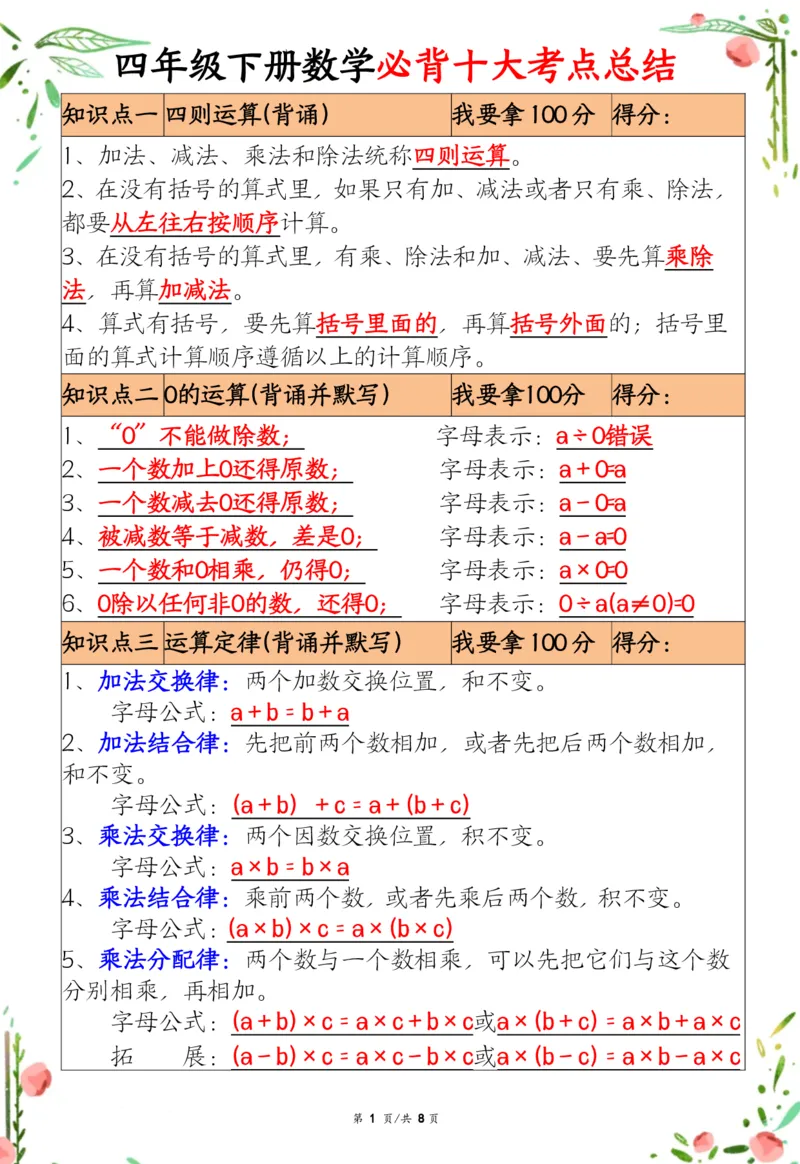 《四年级（下）数学十大必背考点总结_赠送2026小学1-6年级资料合集(按需自取)_四年级_四年级（下）数学十大必背考点总结》第1页预览