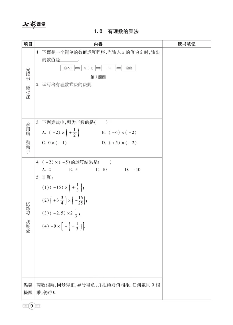 《七彩课堂七年级上册数学冀教版预习卡_初中《预习卡》_初中数学_初中数学预习卡（冀教版）》第10页预览