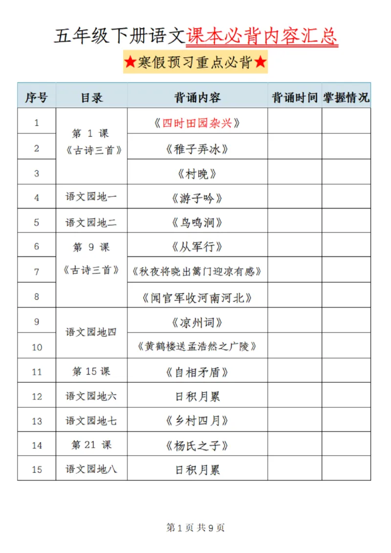 《五年级(下）语文课本必背内容汇总_赠送2026小学1-6年级资料合集(按需自取)_五年级》第1页预览