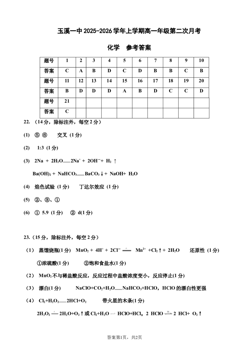 《玉溪一中2028届高一上学期第二次月考参考答案(1)_2026年高一《月考+期中考+阶段性检测真题合集》全国各省全科无水印_云南省玉溪第一中学2026学年高一上学期12月第二次月考（全）》第1页预览