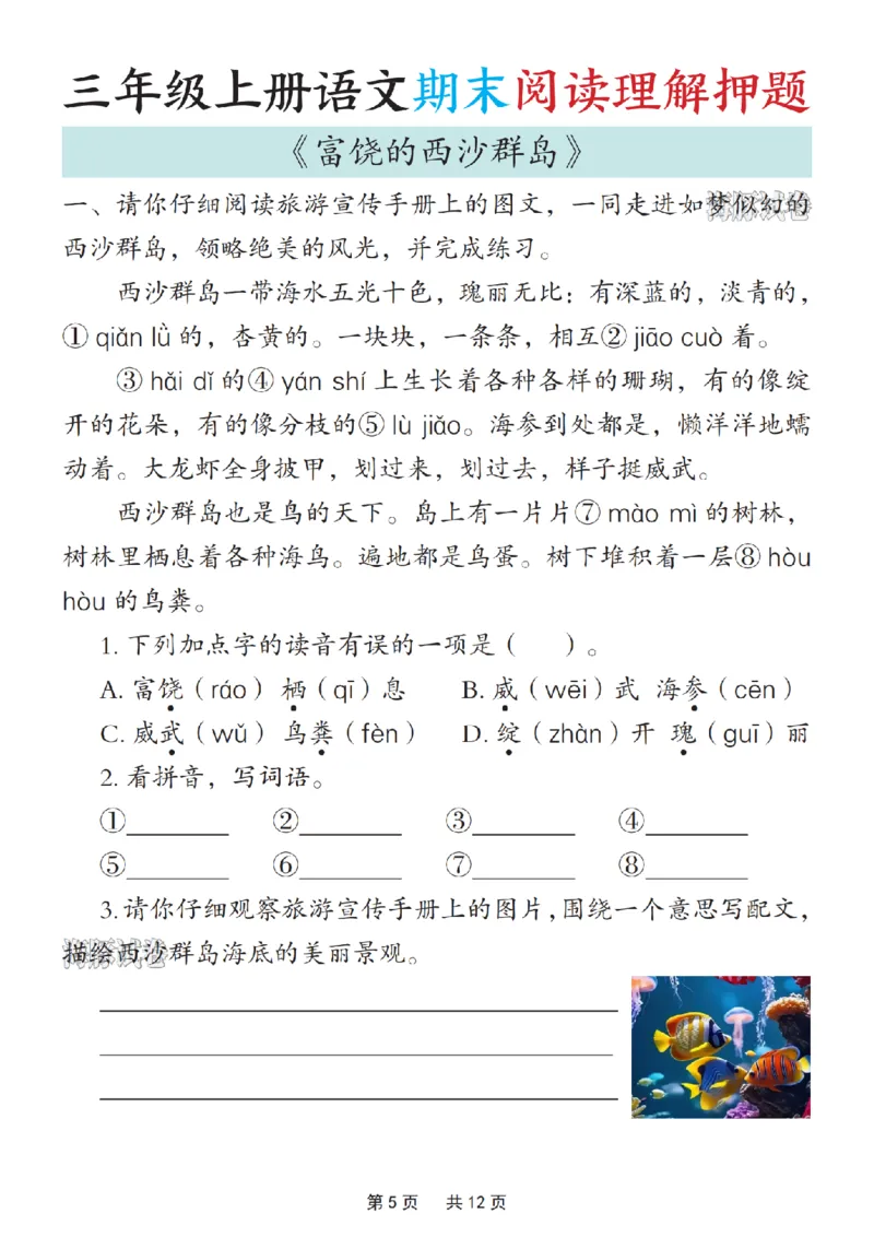 《海豚试卷三年级（上）语文期末阅读理解押题_赠送2026小学1-6年级资料合集(按需自取)_三年级_海豚试卷三年级（上）语文期末阅读理解押题》第6页预览