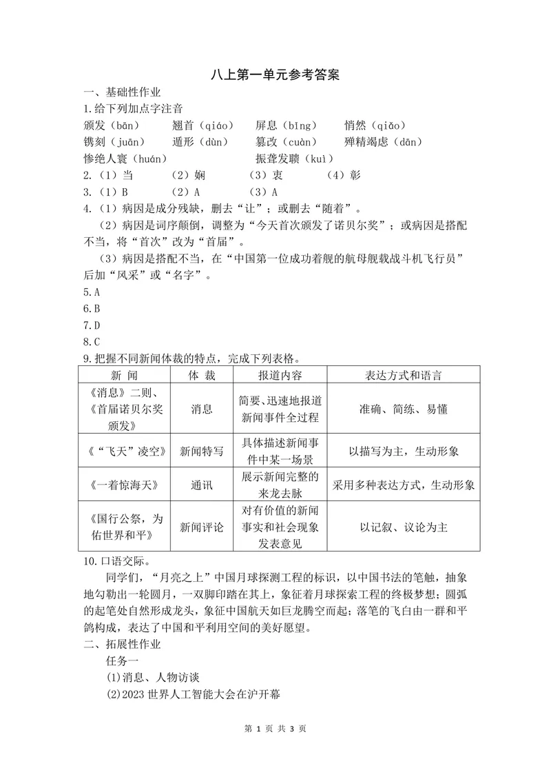 《初中语文八年级上册第1单元新闻单元作业_1答案_初中全科目同步习题+精品试卷（7-9年级）_25秋初中语文《同步习题+精品试卷》_初中语文试卷7-9年级上册(1)_《优秀作业单》_八年级》第1页预览