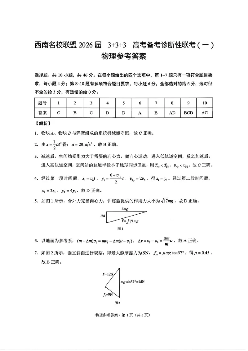 《物理试卷答案-西南名校联盟2026届“3+3+3”高考备考诊断性联考（一）_2026年高三《月考+期中考+阶段性检测真题合集》全国各省全科无水印》第1页预览