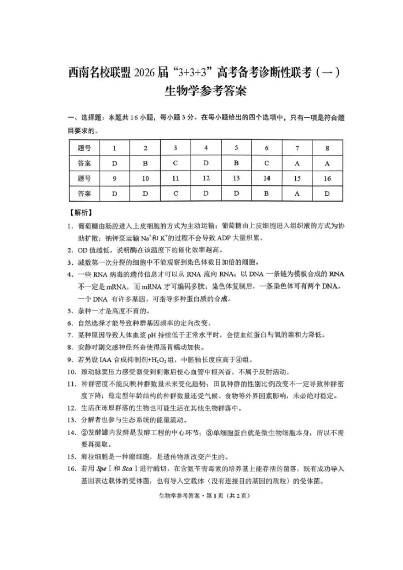 《生物试卷答案-西南名校联盟2026届“3+3+3”高考备考诊断性联考（一）_2026年高三《月考+期中考+阶段性检测真题合集》全国各省全科无水印》第1页预览