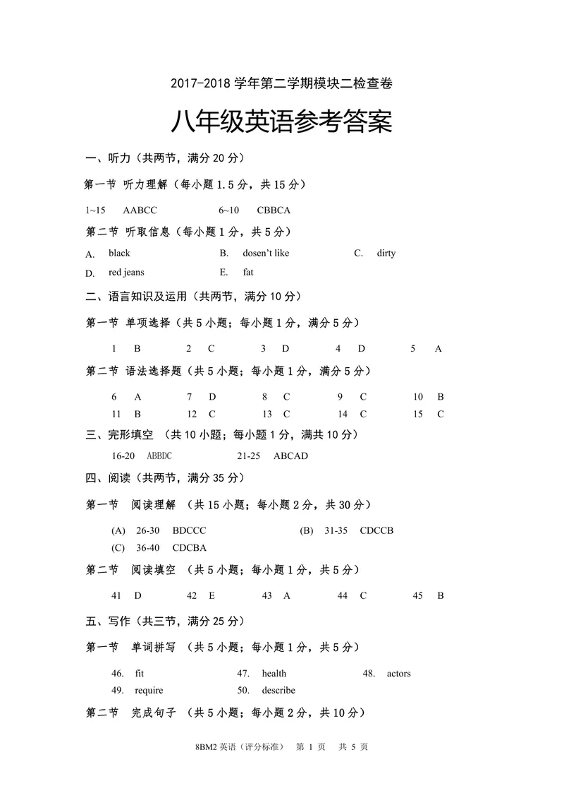 《广州牛津版八年级英语模块二测试卷8BM2英语（答案及评分标准）_初中全科目同步习题+精品试卷（7-9年级）_25秋初中英语《同步习题+精品试卷》_初中英语（沪教牛津版）试卷_八年级下册_PDF》第1页预览