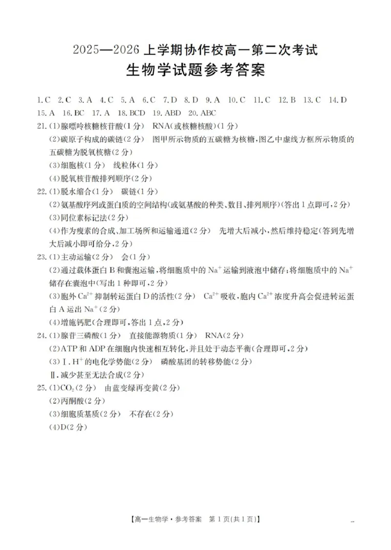 《生物学答案_扫描版_2026年高一《月考+期中考+阶段性检测真题合集》全国各省全科无水印_辽宁省葫芦岛市县协作校2026学年高一上学期第二次考试（全）》第1页预览