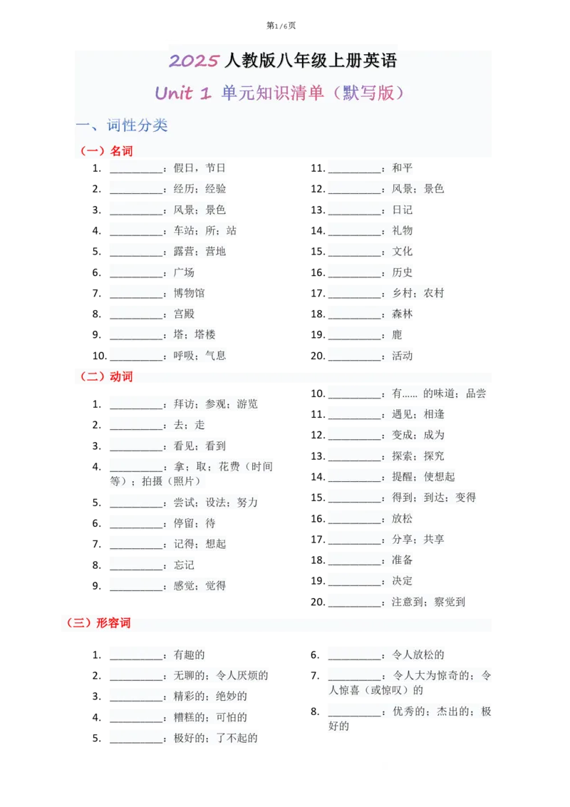 《Unit1单元知识清单默写版_2026版初中《学科网教材同步全套》8年级上册（英语）（人教）_25秋人教知识清单(全册)-八上英语》第1页预览