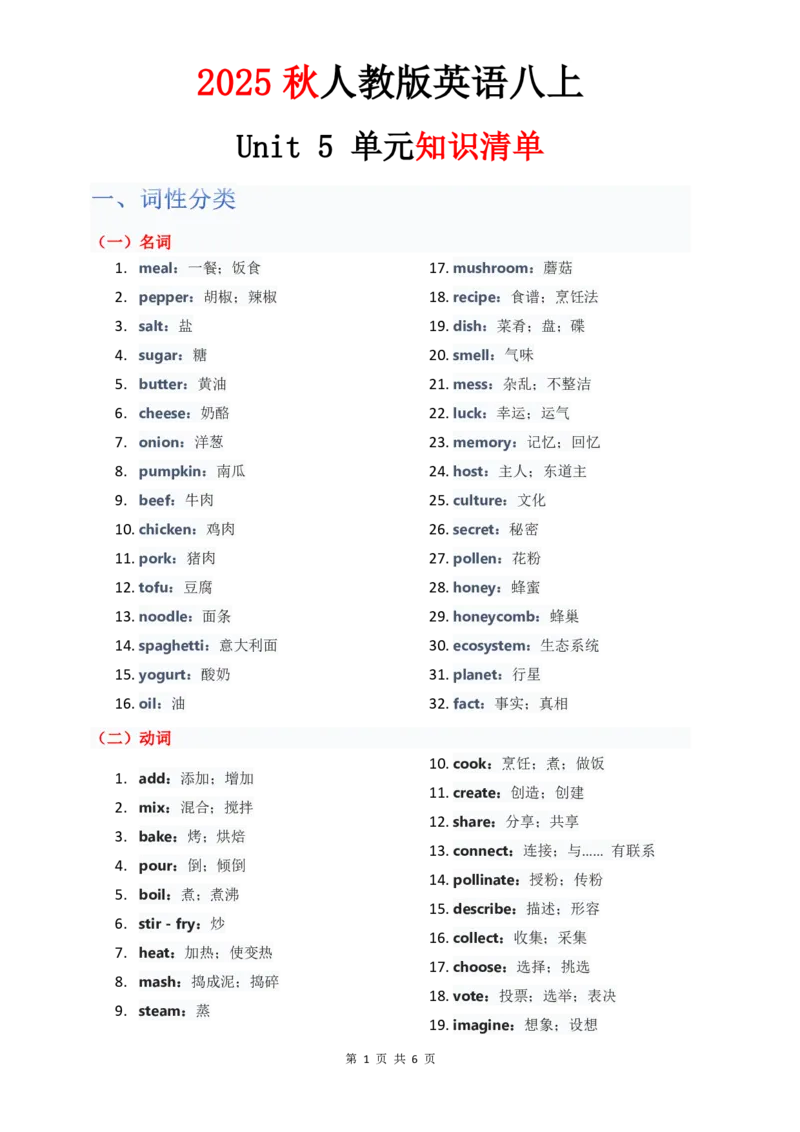 《Unit5单元知识清单教师版_2026版初中《学科网教材同步全套》8年级上册（英语）（人教）_25秋人教知识清单(全册)-八上英语》第1页预览