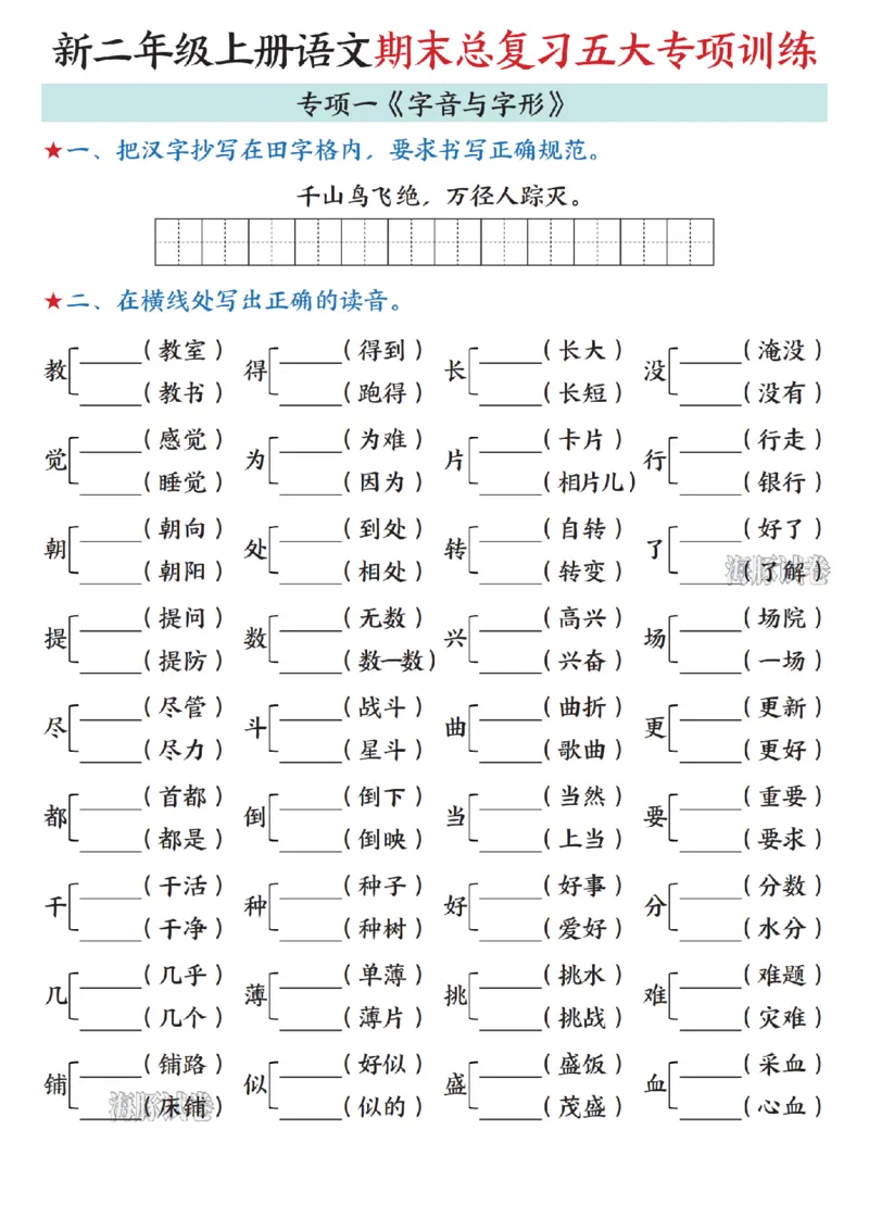 《海豚试卷二年级（上）语文期末总复习五大专项训练（字音与字形）_赠送2026小学1-6年级资料合集(按需自取)_二年级》第1页预览