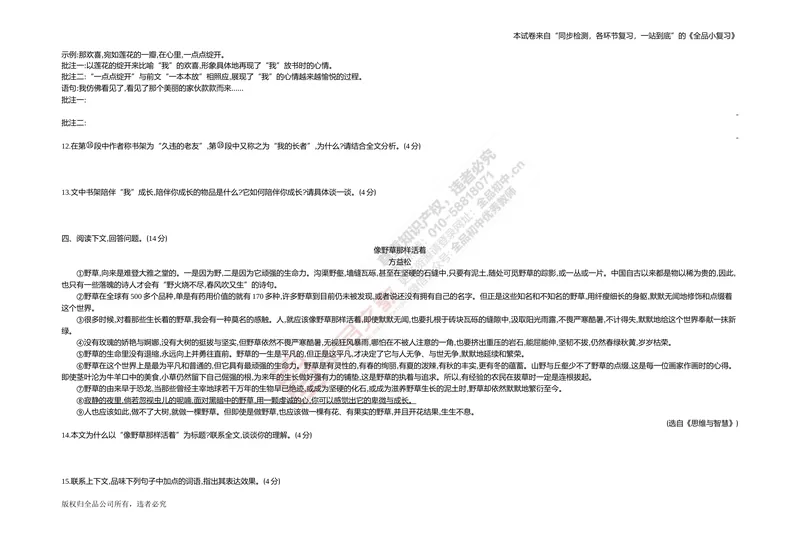 《专题测试卷八　现代文阅读_初中全科目同步习题+精品试卷（7-9年级）_25秋初中语文《同步习题+精品试卷》_初中语文试卷7-9年级上册(1)_《全品期末复习卷》_2.七年级下册》第5页预览