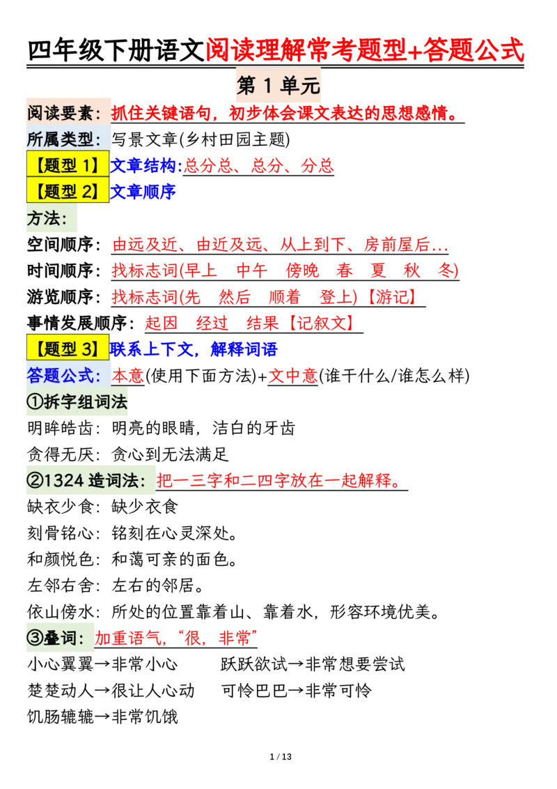 《四年级（下）语文阅读理解常考题型+答题公式_赠送2026小学1-6年级资料合集(按需自取)_四年级_四年级（下）语文阅读理解常考题型+答题公式》第1页预览