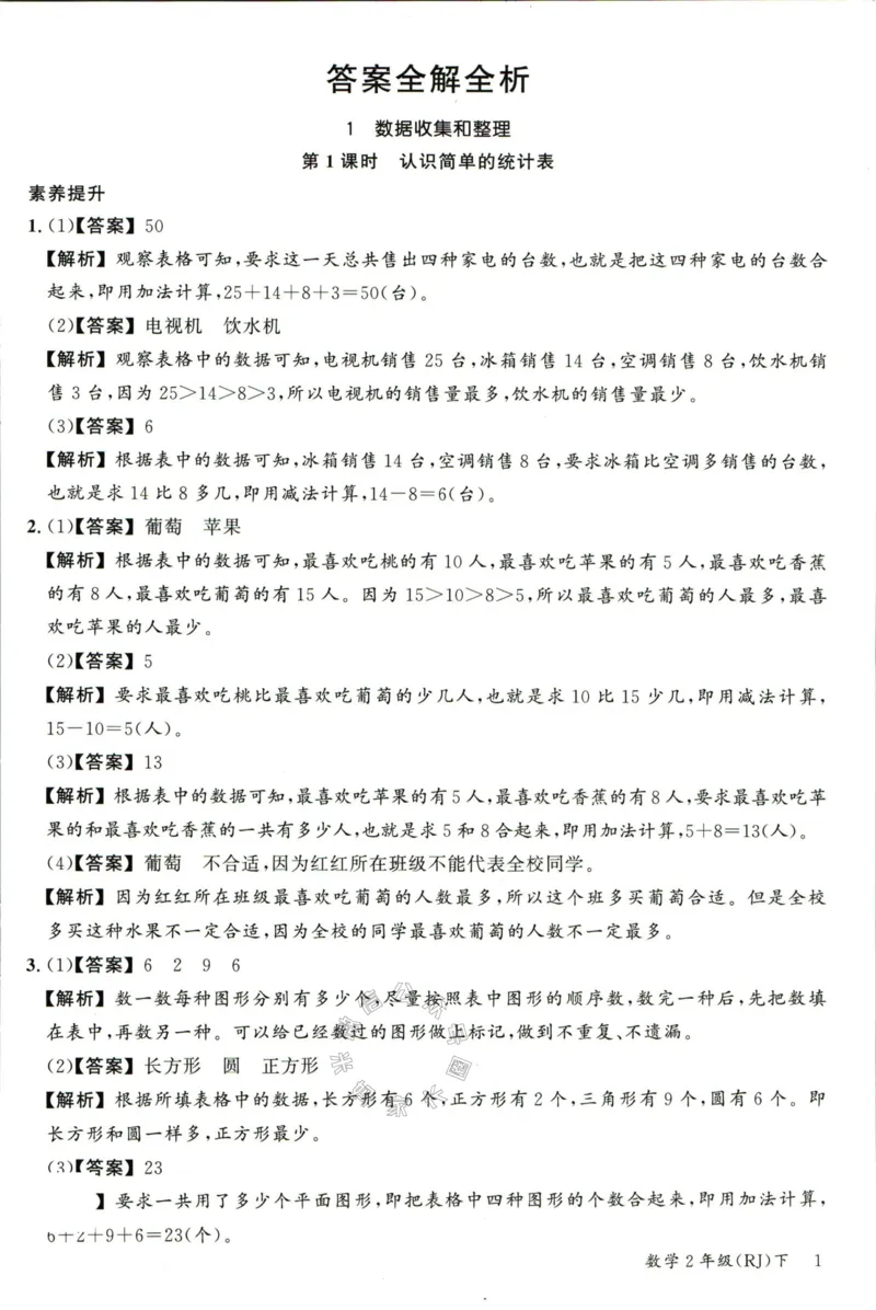 《002.人教版数学名校课堂素养天天练二年级下册答案公众号：米妈家长圈_小学1-6年级全科全套_1-6年级全科下册_二年级_其他补充资料_数学人教版资料》第2页预览