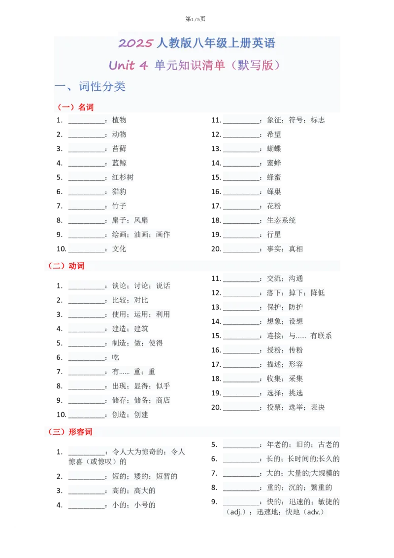 《Unit4单元知识清单默写版_2026版初中《学科网教材同步全套》8年级上册（英语）（人教）_25秋人教知识清单(全册)-八上英语》第1页预览