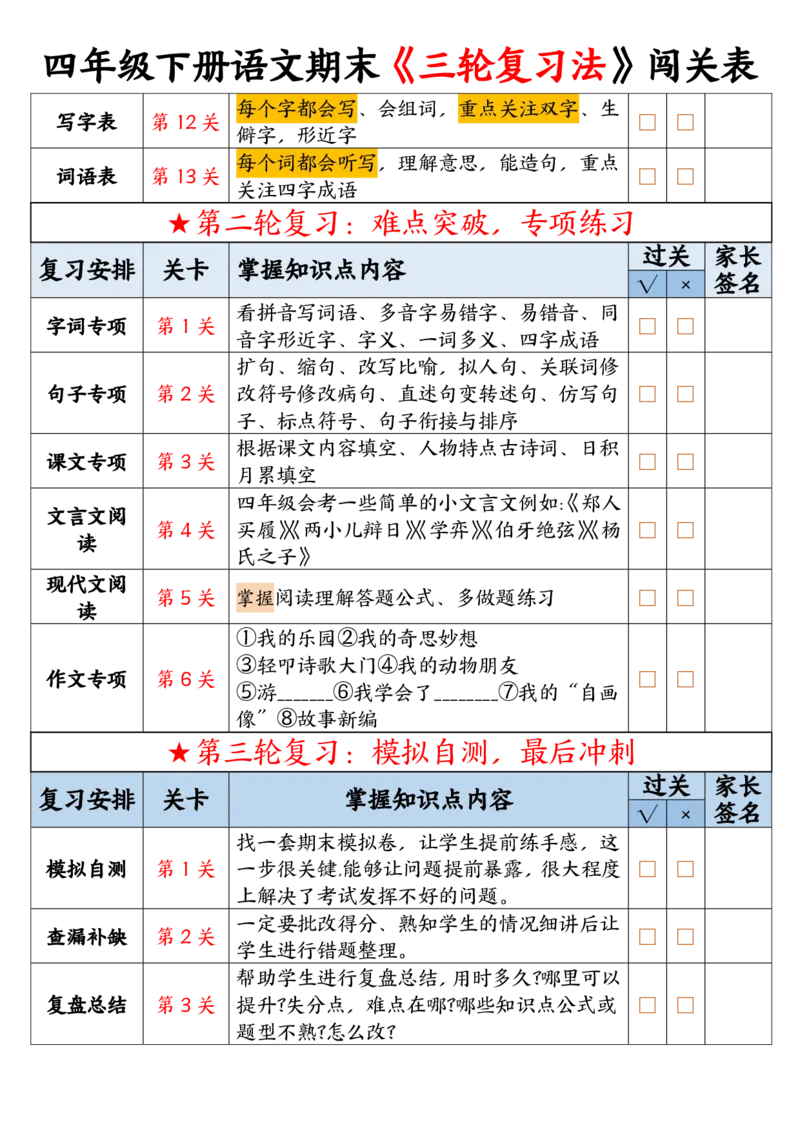 《四年级（下）语文期末三轮复习法闯关表_赠送2026小学1-6年级资料合集(按需自取)_四年级》第2页预览