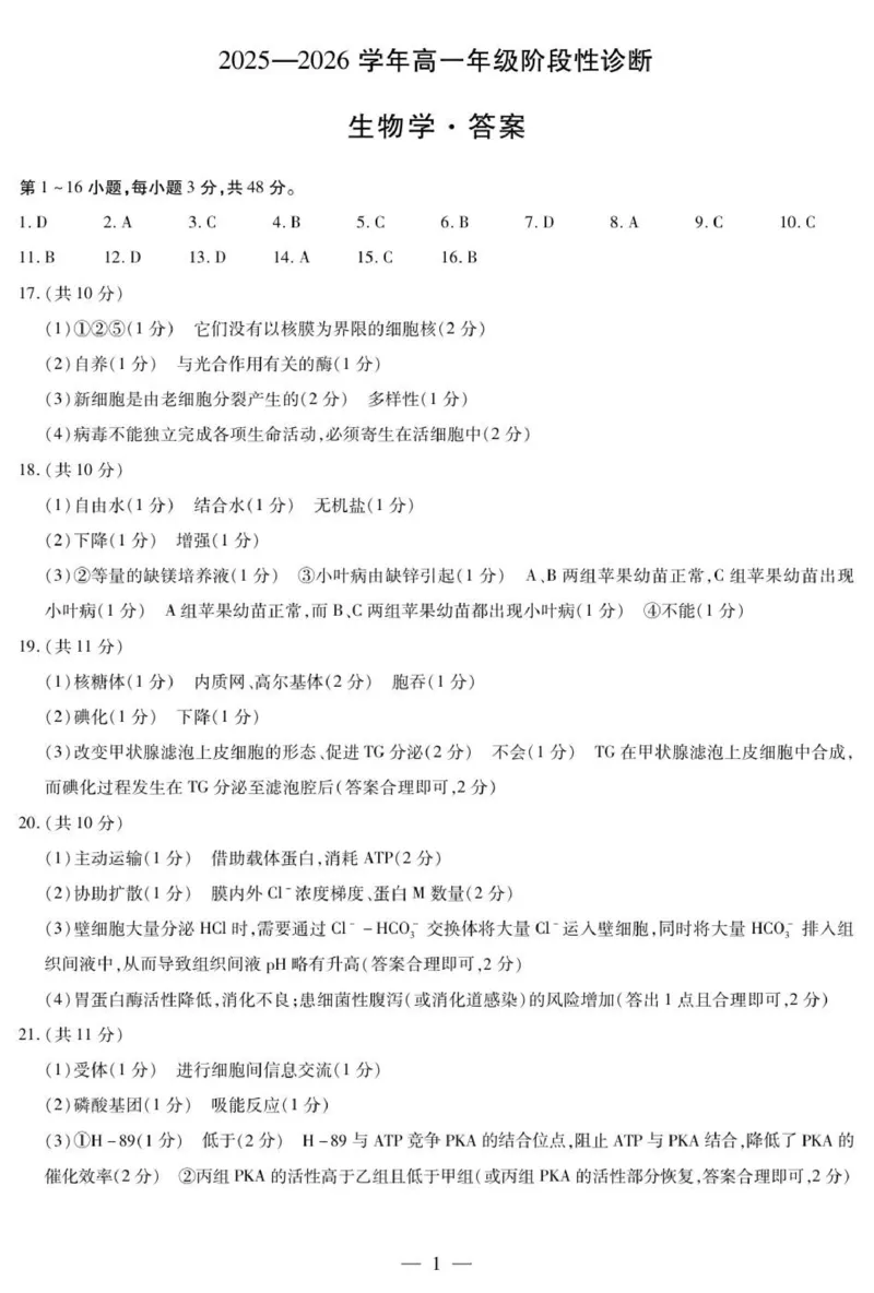 《生物学高一年级阶段性诊断简易答案_2026年高一《月考+期中考+阶段性检测真题合集》全国各省全科无水印_河南省九师联盟2026学年高一上学期12月月考》第1页预览