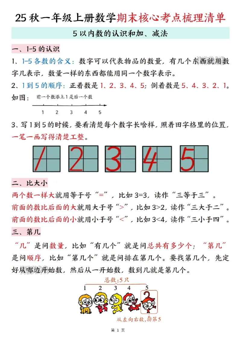 《海豚试卷一年级（上）数学期末核心考点梳理清单_赠送2026小学1-6年级资料合集(按需自取)_一年级_海豚试卷一年级（上）数学期末核心考点梳理清单》第1页预览