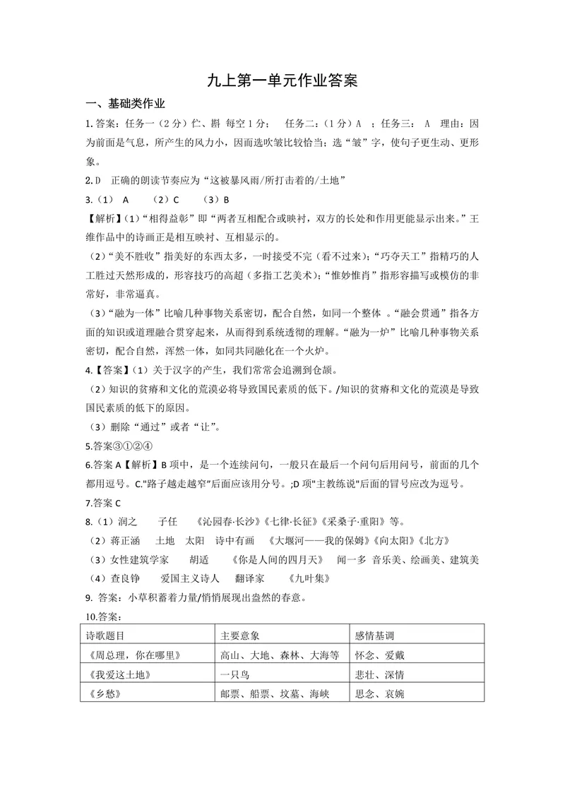 《语文九年级上册第一单元作业_1答案_初中全科目同步习题+精品试卷（7-9年级）_25秋初中语文《同步习题+精品试卷》_初中语文试卷7-9年级上册(1)_《优秀作业单》_九年级》第1页预览