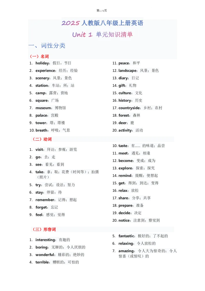 《Unit1单元知识清单教师版_2026版初中《学科网教材同步全套》8年级上册（英语）（人教）_25秋人教知识清单(全册)-八上英语》第1页预览