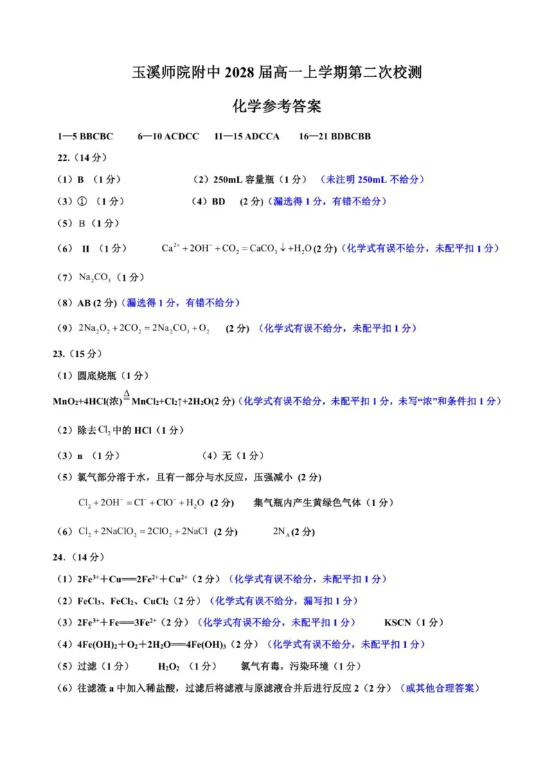 《玉溪师院附中2028届高一上学期第二次校测化学参考答案_2026年高一《月考+期中考+阶段性检测真题合集》全国各省全科无水印》第1页预览