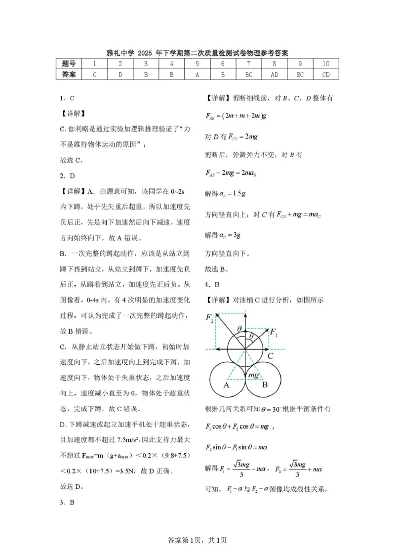 《雅礼中学2025年下学期第二次质量检测试卷物理参考答案_2026年高一《月考+期中考+阶段性检测真题合集》全国各省全科无水印_湖南省长沙市雅礼中学2026学年高一上学期12月月考（全）》第1页预览