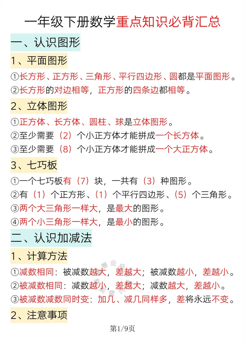 《008.一年级下册数学重点知识必背汇总_小学1-6年级全科全套_1-6年级全科下册_一年级_其他补充资料_数学通用版资料》第1页预览