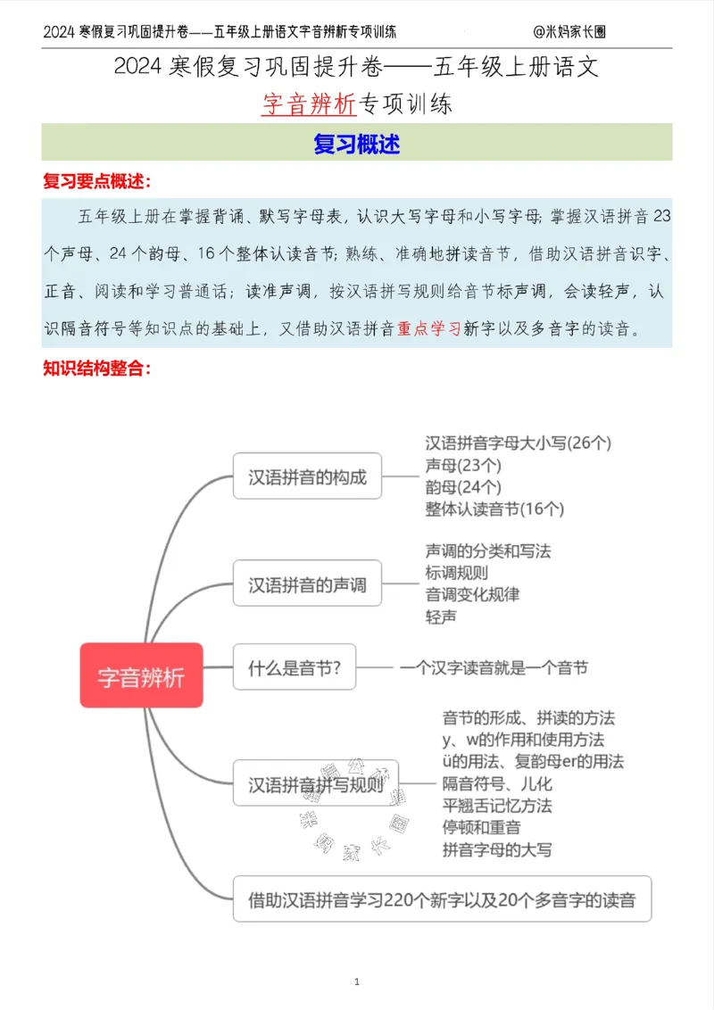 《006.2024寒假复习巩固提升卷——五年级上册语文字音辨析专项训练（有答案）公众号：米妈家长圈_小学1-6年级全科全套_1-6年级全科下册_五年级_其他补充资料_教辅系列》第1页预览