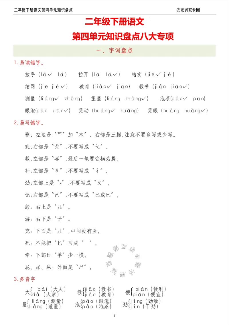 《006.24春语文二年级下册第四单元知识盘点八大专项（有答案）公众号：米妈家长圈_小学1-6年级全科全套_1-6年级全科下册_二年级_其他补充资料_语文资料》第1页预览
