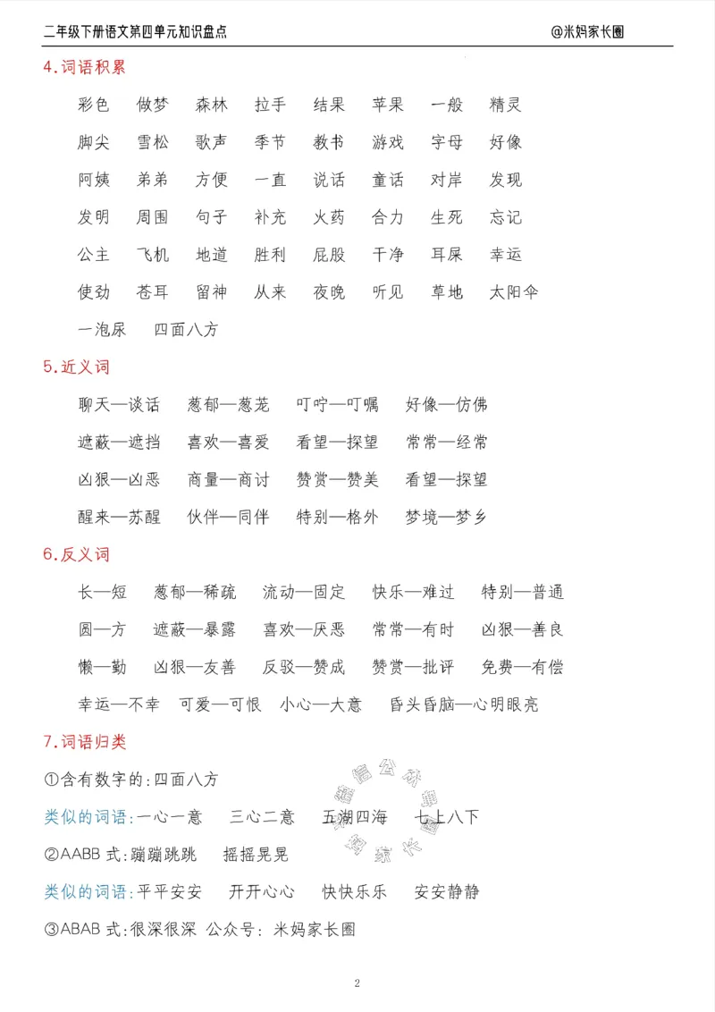 《006.24春语文二年级下册第四单元知识盘点八大专项（有答案）公众号：米妈家长圈_小学1-6年级全科全套_1-6年级全科下册_二年级_其他补充资料_语文资料》第2页预览