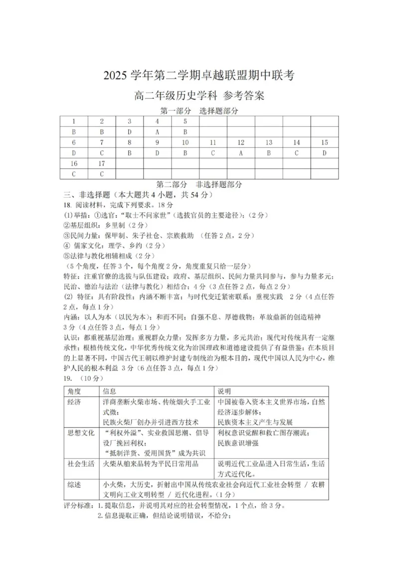 《高二历史答案_2024-2027高二（7-7月题库）_2026年06月高二试卷_260602浙江金华市卓越联盟2025-2026学年高二下学期5月阶段检测（全）》第1页预览
