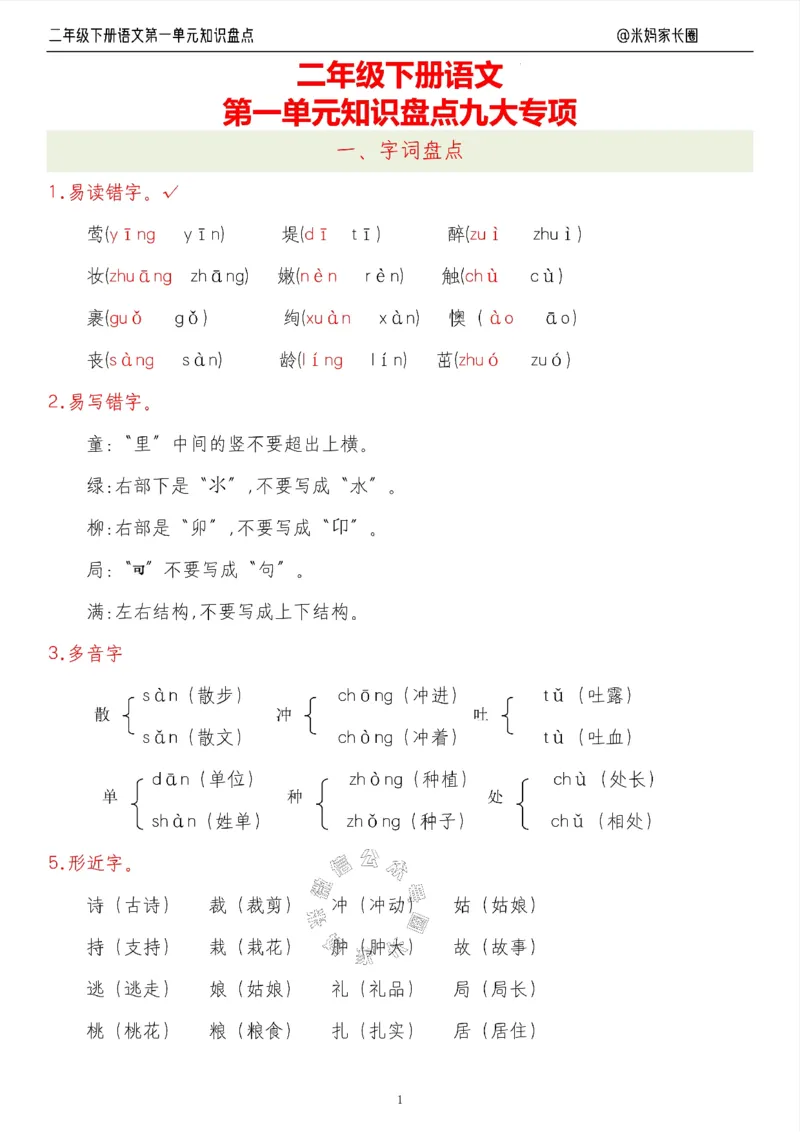《006.24春语文二年级下册第一单元知识盘点九大专项（有答案）公众号：米妈家长圈_小学1-6年级全科全套_1-6年级全科下册_二年级_其他补充资料_语文资料》第1页预览