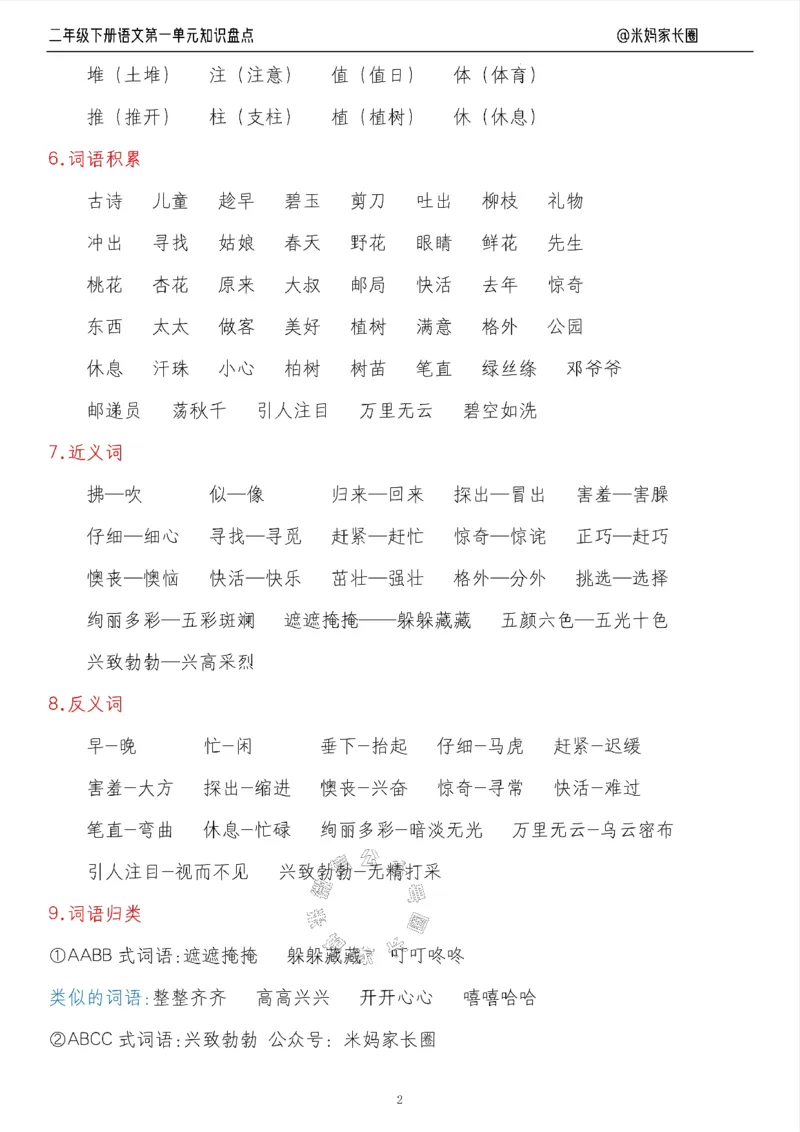 《006.24春语文二年级下册第一单元知识盘点九大专项（有答案）公众号：米妈家长圈_小学1-6年级全科全套_1-6年级全科下册_二年级_其他补充资料_语文资料》第2页预览