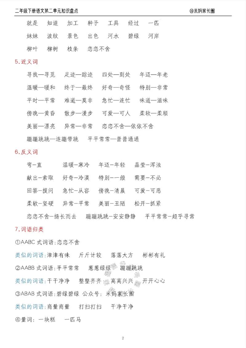 《006.24春语文二年级下册第二单元知识盘点七大专项（有答案）公众号：米妈家长圈_小学1-6年级全科全套_1-6年级全科下册_二年级_其他补充资料_语文资料》第2页预览