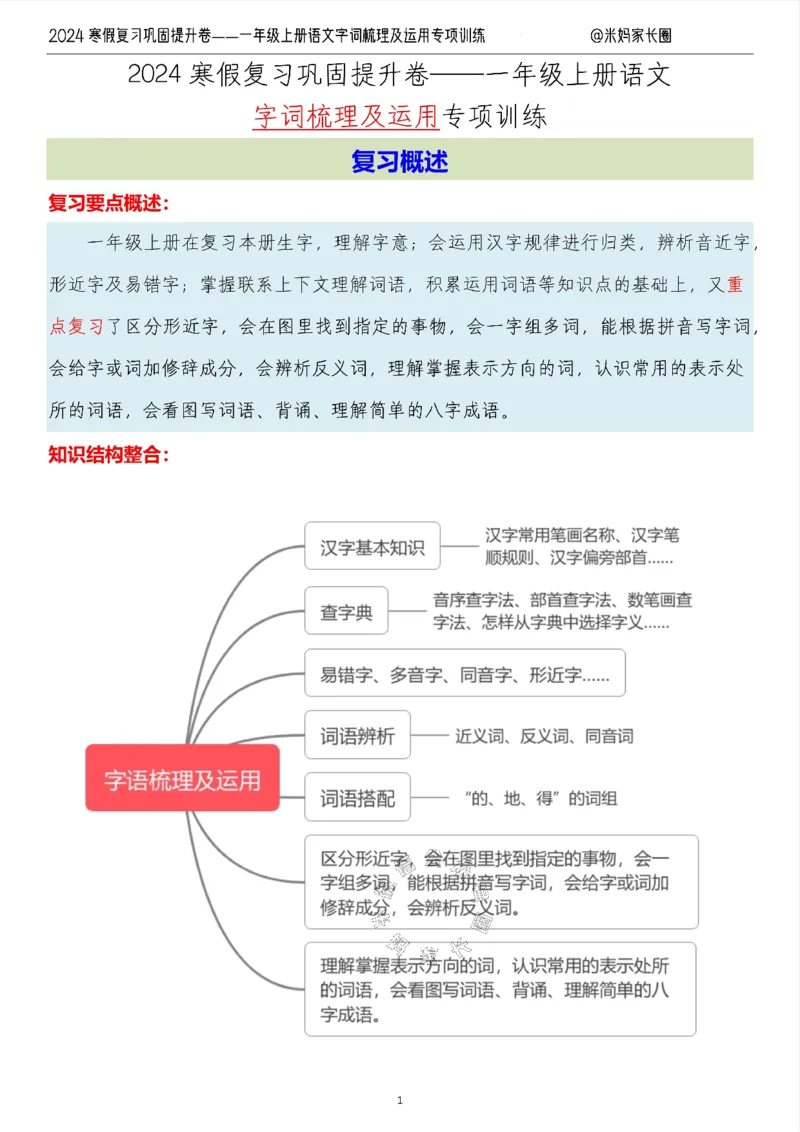 《007.2024寒假复习巩固提升卷——一年级上册语文字词梳理及运用专项训练（有答案）_小学1-6年级全科全套_1-6年级全科下册_一年级_其他补充资料_语文资料》第1页预览