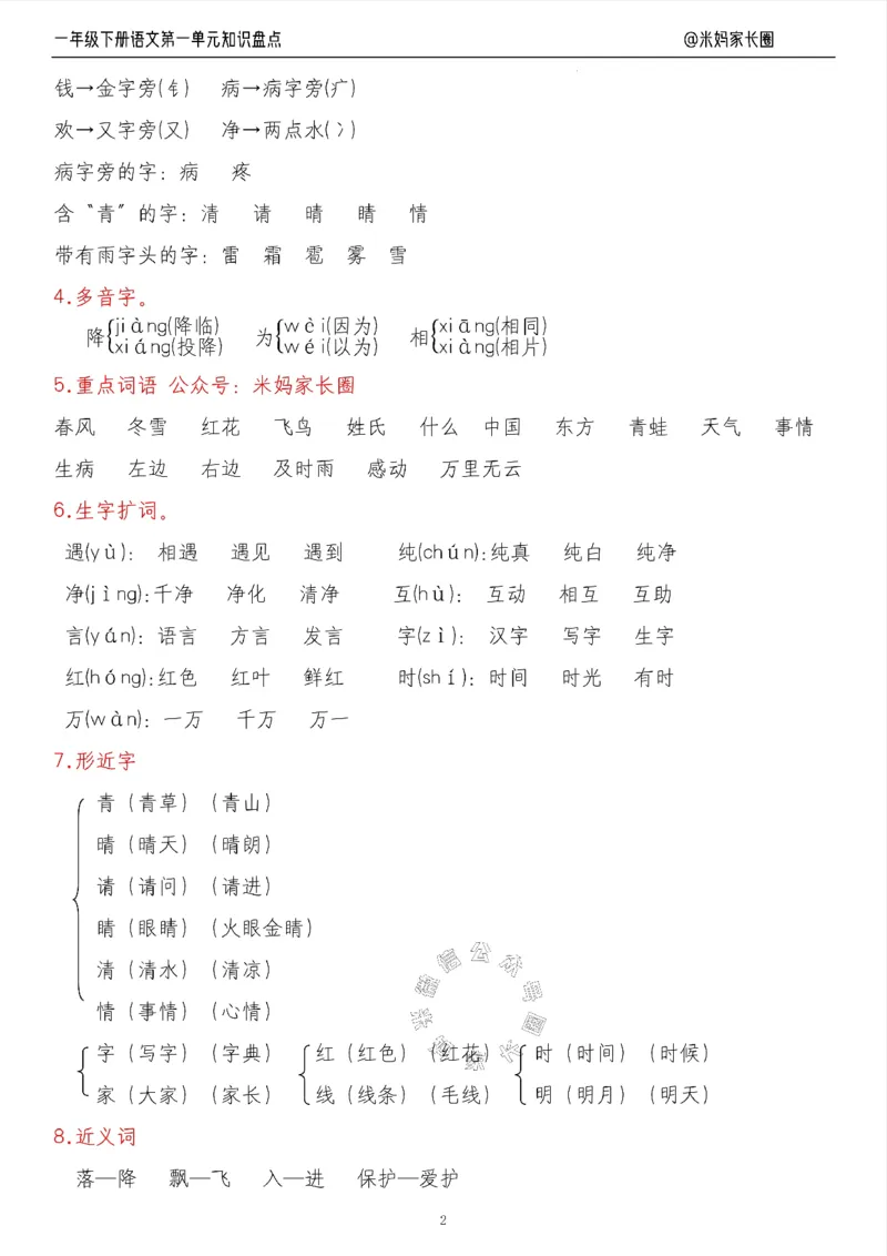 《008.24春语文一年级下册第一单元知识盘点七大专项（有答案）_小学1-6年级全科全套_1-6年级全科下册_一年级_其他补充资料_语文资料》第2页预览