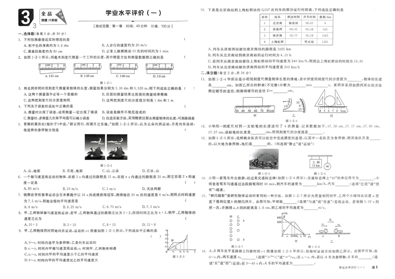 《2025物理《全品作业本·学业水平评价》8上(RJ)_初中全科目同步习题+精品试卷（7-9年级）_25秋初中物理《同步习题+精品试卷》_初中物理试卷人教版_《全品作业本》24秋》第1页预览