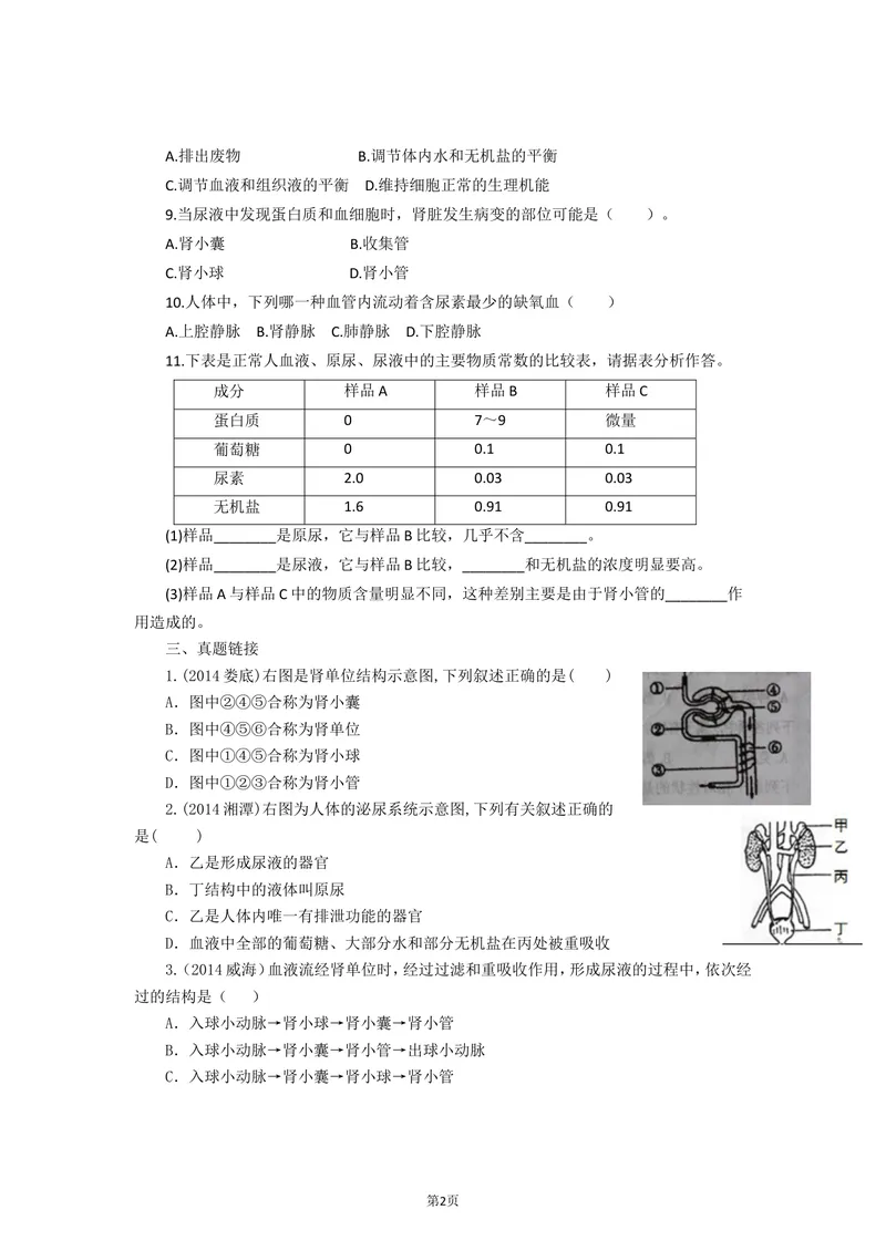 《4.5人体内废物的排出同步练习_初中全科目同步习题+精品试卷（7-9年级）_25秋初中生物《同步习题+精品试卷》_初中生物试卷（北师大）_《单元试卷》_单元试卷7B_第五章人体内废物的排出》第2页预览