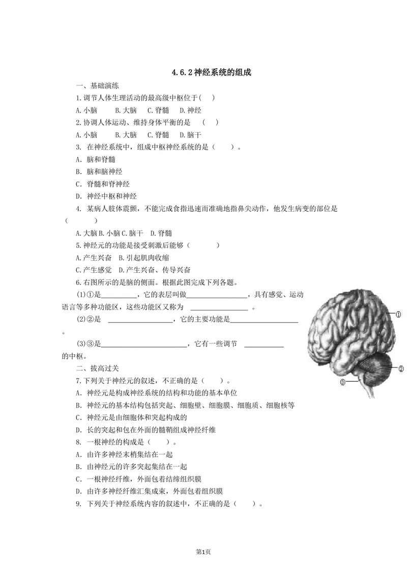 《4.6.2神经系统的组成同步练习_初中全科目同步习题+精品试卷（7-9年级）_25秋初中生物《同步习题+精品试卷》_初中生物试卷（北师大）_《单元试卷》_单元试卷7B_同步练习与总结》第1页预览