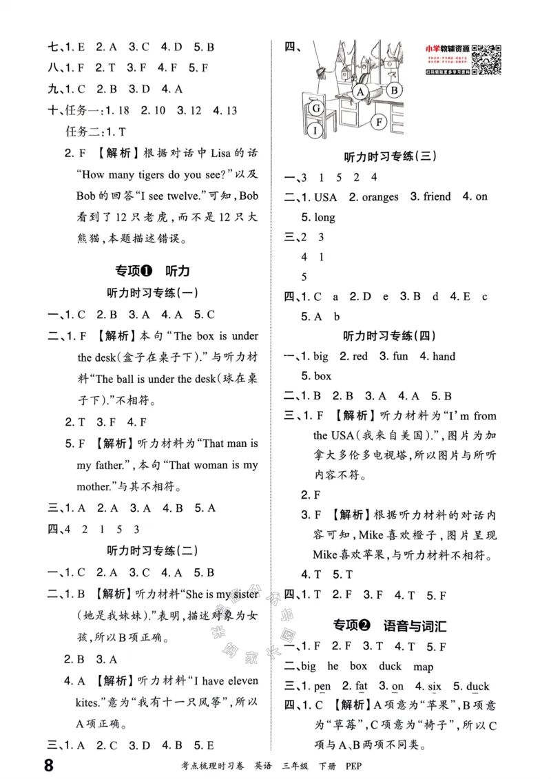 《013.24春人教PEP英语王朝霞考点梳理时习卷三年级下册答案公众号：米妈家长圈_小学1-6年级全科全套_1-6年级全科下册_三年级_其他补充资料_英语人教PEP资料》第9页预览