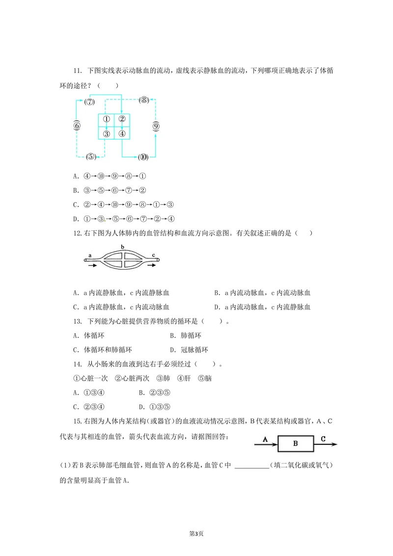 《4.4.3输送血液的泵—心脏同步练习_初中全科目同步习题+精品试卷（7-9年级）_25秋初中生物《同步习题+精品试卷》_初中生物试卷（北师大）_《单元试卷》_单元试卷7B_同步练习与总结》第3页预览