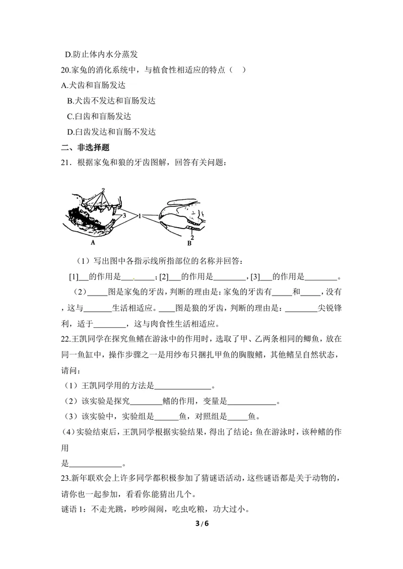 《《多种多样的动物》章末测试1_初中全科目同步习题+精品试卷（7-9年级）_25秋初中生物《同步习题+精品试卷》_初中生物试卷（冀少版）_《同步练习+教案学案》_七年级上册》第3页预览