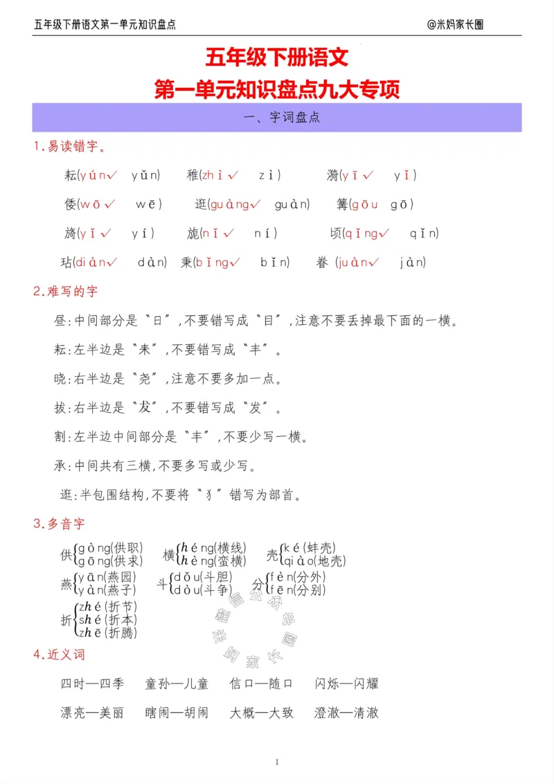 《018.24春语文五年级下册第一单元知识盘点九大专项公众号：米妈家长圈_小学1-6年级全科全套_1-6年级全科下册_五年级_其他补充资料_教辅系列_语文资料》第1页预览