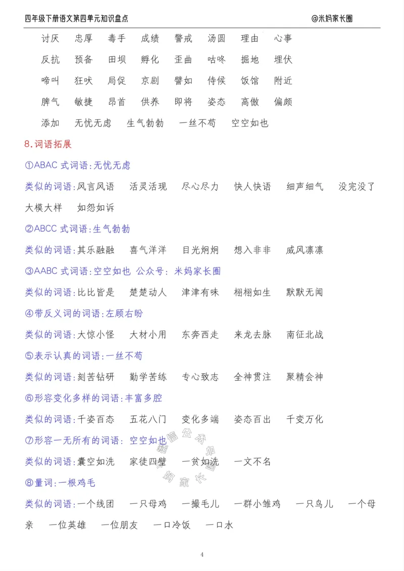 《017.24春语文四年级下册第四单元知识盘点九大专项公众号米妈家长圈_小学1-6年级全科全套_1-6年级全科下册_四年级_其他补充资料_语文资料》第4页预览