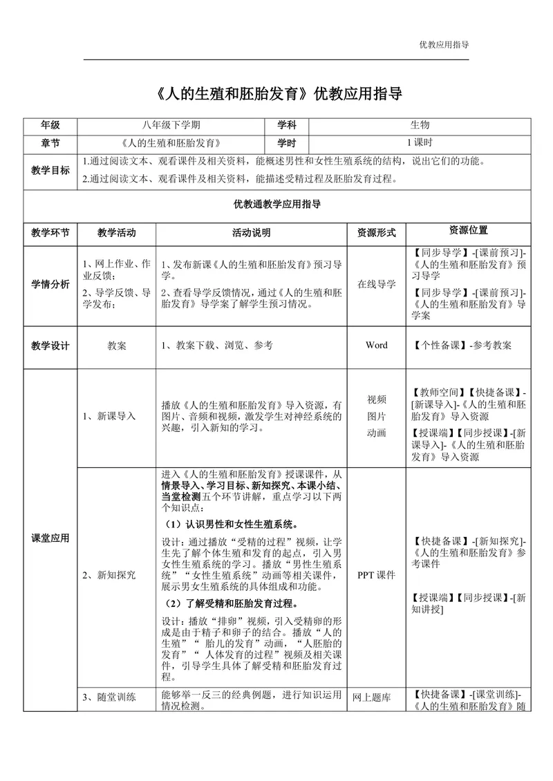 《《人的生殖和胚胎发育》教师教学应用指导_初中全科目同步习题+精品试卷（7-9年级）_25秋初中生物《同步习题+精品试卷》_初中生物试卷（冀少版）_《同步练习+教案学案》_八年级下册》第1页预览