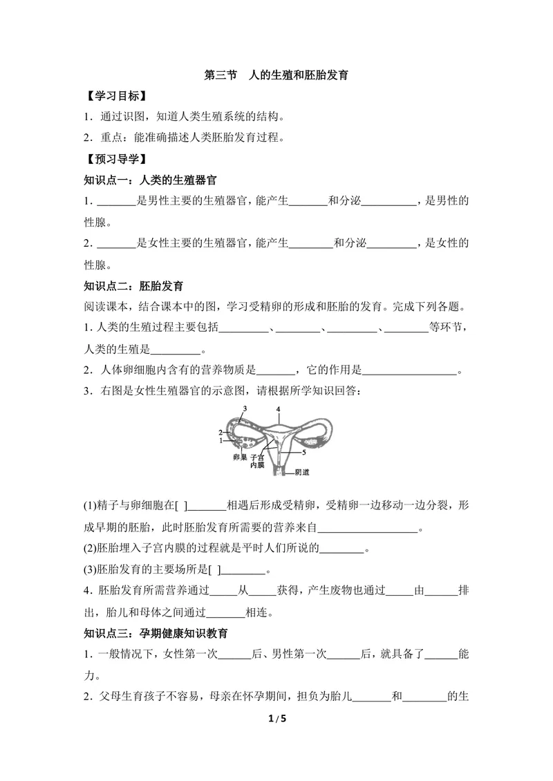 《《人的生殖和胚胎发育》导学案2_初中全科目同步习题+精品试卷（7-9年级）_25秋初中生物《同步习题+精品试卷》_初中生物试卷（冀少版）_《同步练习+教案学案》_八年级下册》第1页预览