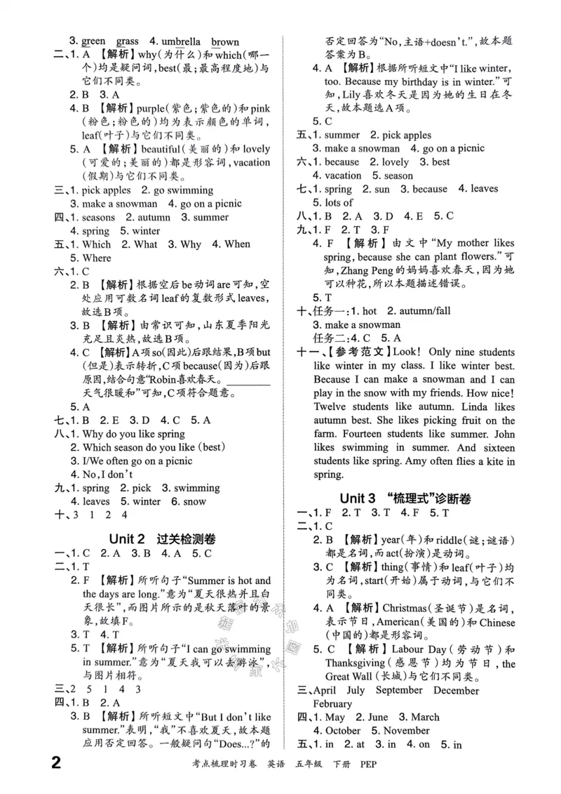 《014.24春人教PEP英语王朝霞考点梳理时习卷五年级下册答案公众号：米妈家长圈_小学1-6年级全科全套_1-6年级全科下册_五年级_其他补充资料_教辅系列_英语人教PEP资料》第3页预览