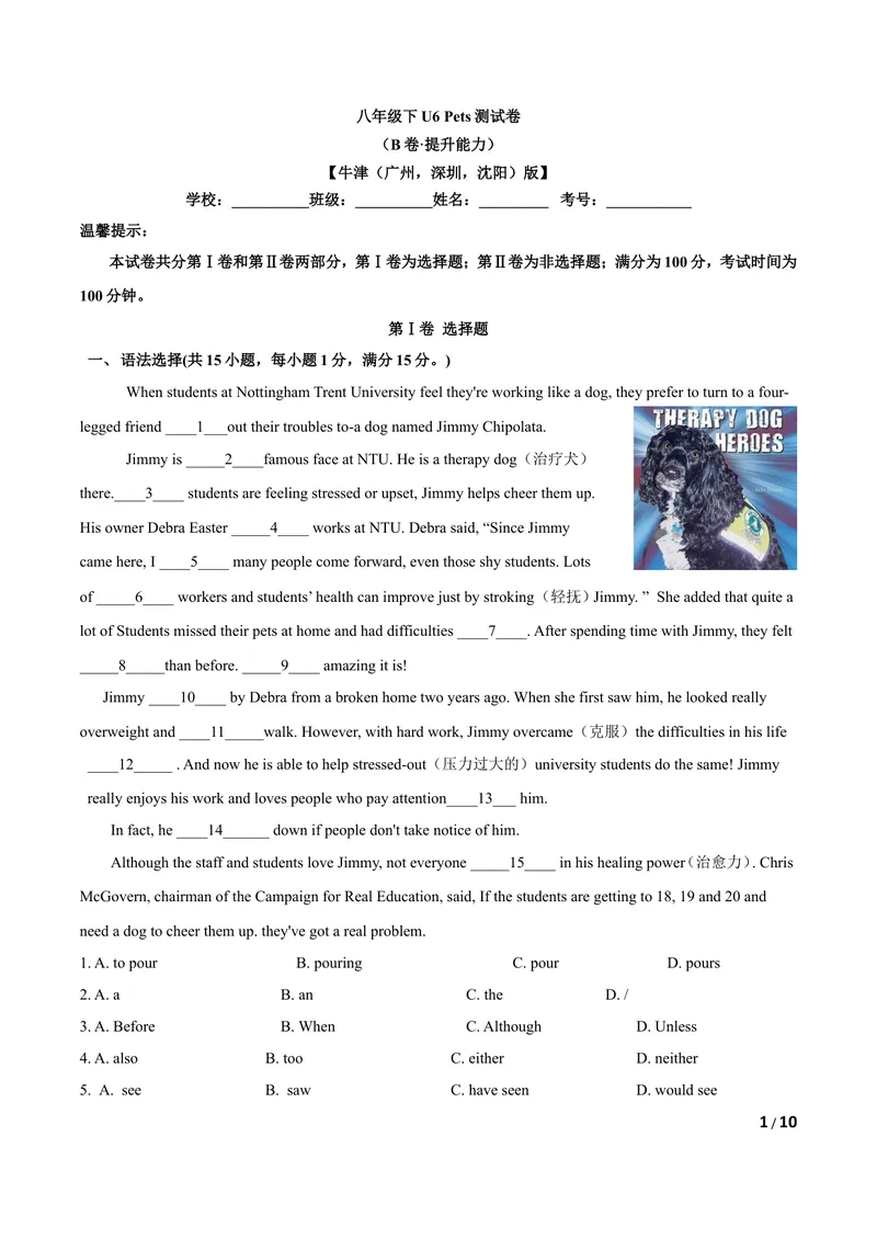 《U6Pets（B卷·提升能力）原卷版_初中全科目同步习题+精品试卷（7-9年级）_25秋初中英语《同步习题+精品试卷》_初中英语（沪教牛津版）试卷_八年级下册_第01套：单元测试卷（含答案）》第1页预览