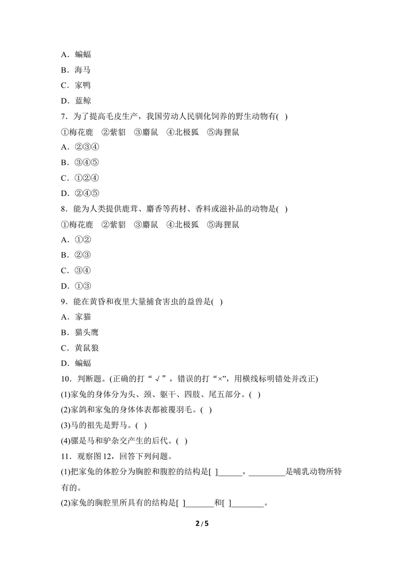 《《哺乳类》同步练习2_初中全科目同步习题+精品试卷（7-9年级）_25秋初中生物《同步习题+精品试卷》_初中生物试卷（冀少版）_《同步练习+教案学案》_七年级上册_第四章多种多样的动物》第2页预览