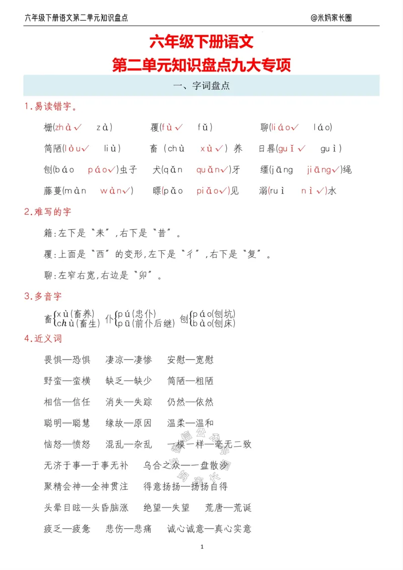 《014.24春语文六年级下册第二单元知识盘点九大专项_小学1-6年级全科全套_1-6年级全科下册_六年级_其他补充资料_语文资料》第1页预览
