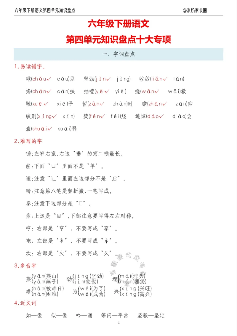 《014.24春语文六年级下册第四单元知识盘点十大专项_小学1-6年级全科全套_1-6年级全科下册_六年级_其他补充资料_语文资料》第1页预览